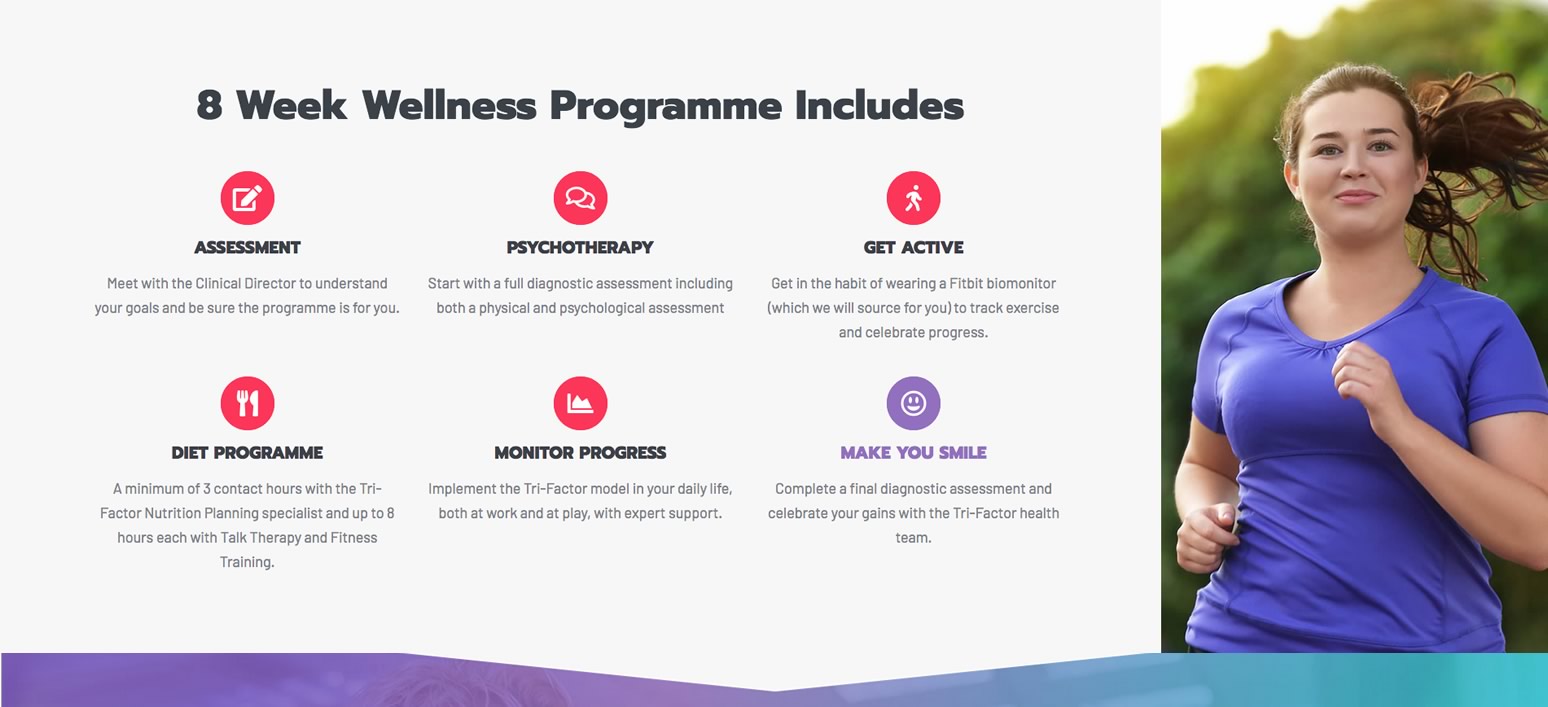 A young woman in sportswear jogs outdoors beside a list detailing the components of an 8-week wellbeing programme, including assessment, psychotherapy, diet, activity, and progress monitoring.