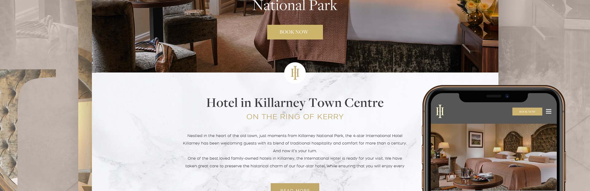 Screenshot of a hotel website featuring a room image, booking buttons, a mobile version preview, and text about a hotel in Killarney Town Centre on the Ring of Kerry.