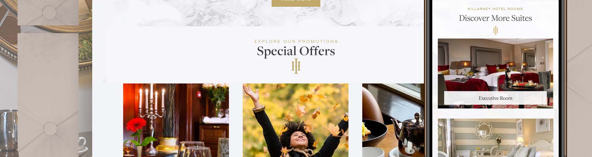 Hotel website section showing Special Offers and Discover More Suites, with images of food, a woman outdoors, a dining set-up, and a furnished hotel room.