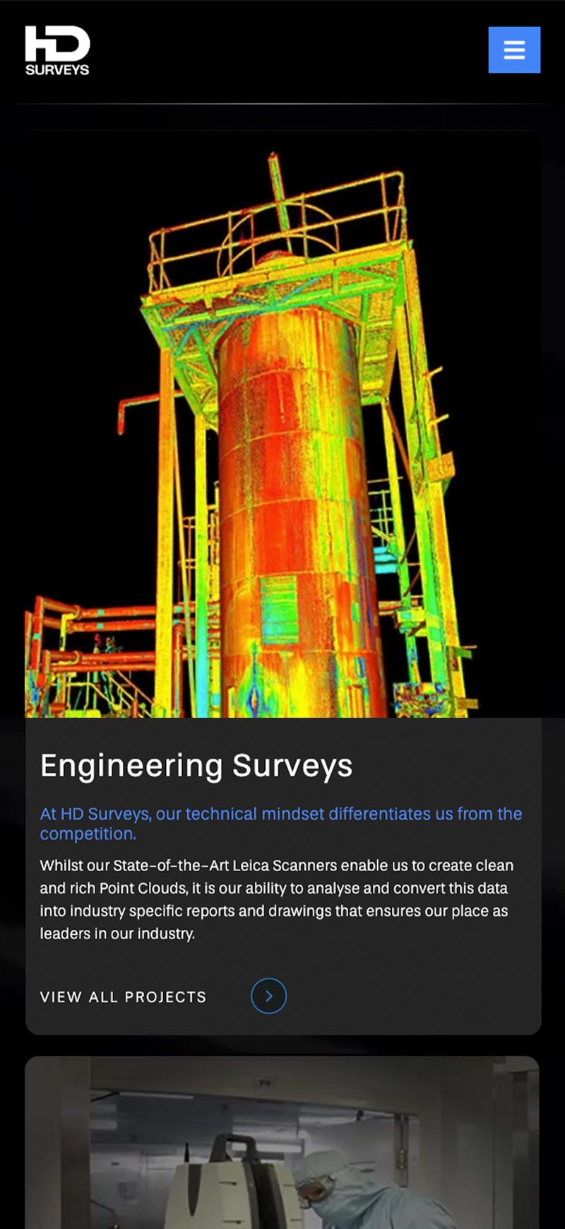 A colour-coded 3D laser scan of an industrial structure is displayed on a black background with text about engineering surveys below, illustrating how innovative B2B web design can effectively showcase complex technical data.