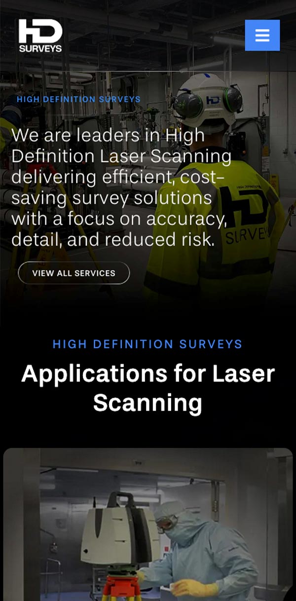 A person in a yellow HD Surveys jacket and hard hat stands in an industrial setting; text discusses high definition laser scanning solutions, applications for laser scanning, and the importance of B2B web design in showcasing these cutting-edge services to industry partners.